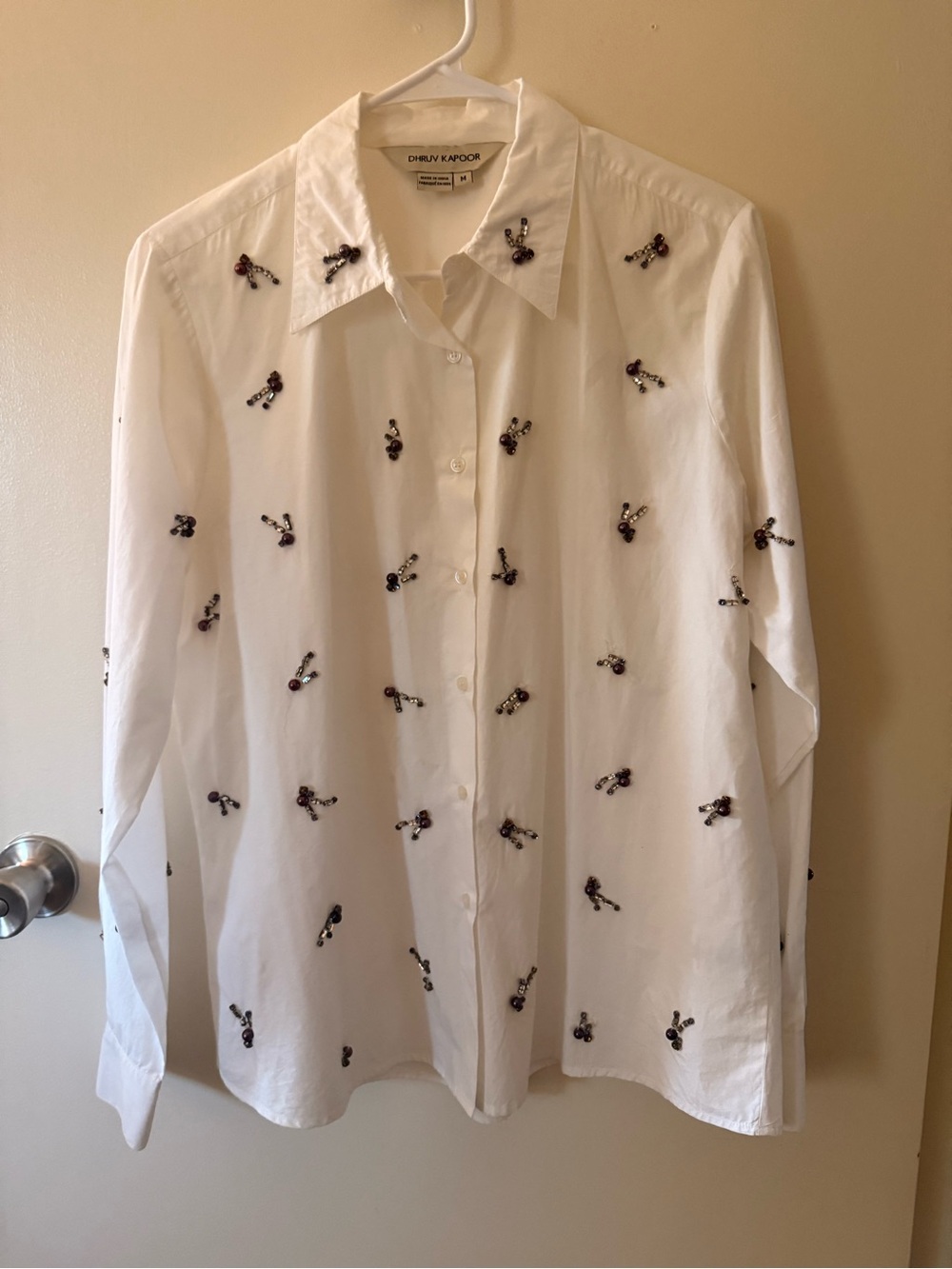 Anthropologie White Button-Down Shirt with Beaded Embellishments